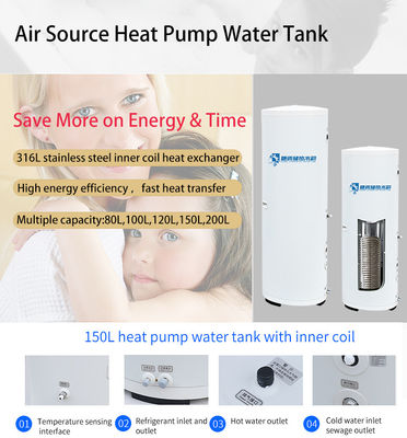 120L 100L 150L Kumparan Dalam Tangki Pompa Panas Sumber Udara Dia 500Mm Silinder Air Panas Sumber Udara